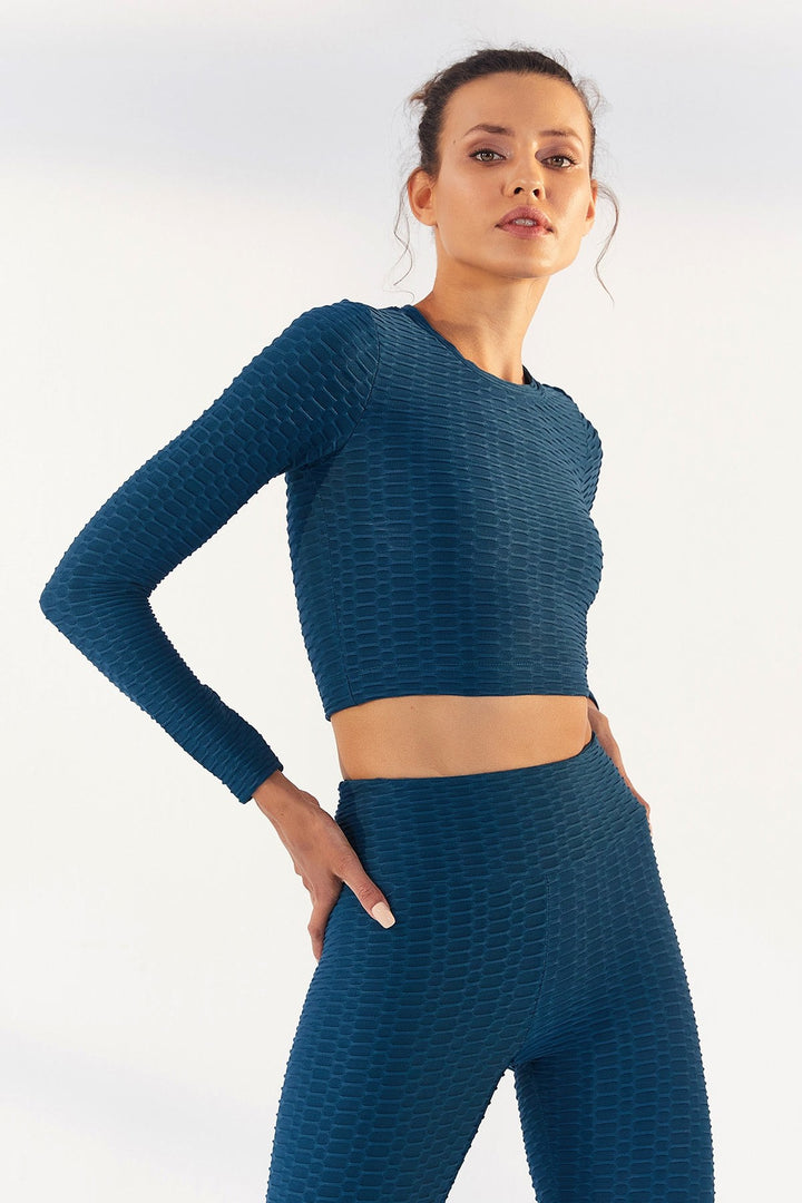 TMY Emerald Self-Patterned O Neck Long Sleeve Women's Crop Top T-Shirt - 97153 - Nîmes