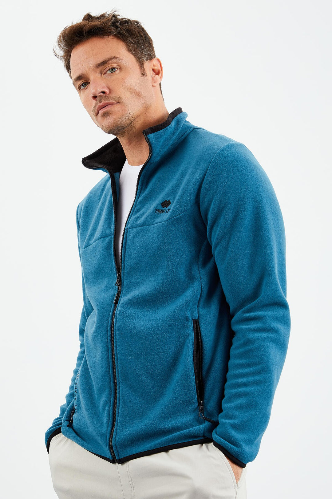TMY Emerald Green Embroidered Stand-Up Collar Zippered Standard Fit Men's Sweatshirt Polar - 87992 - Eltham