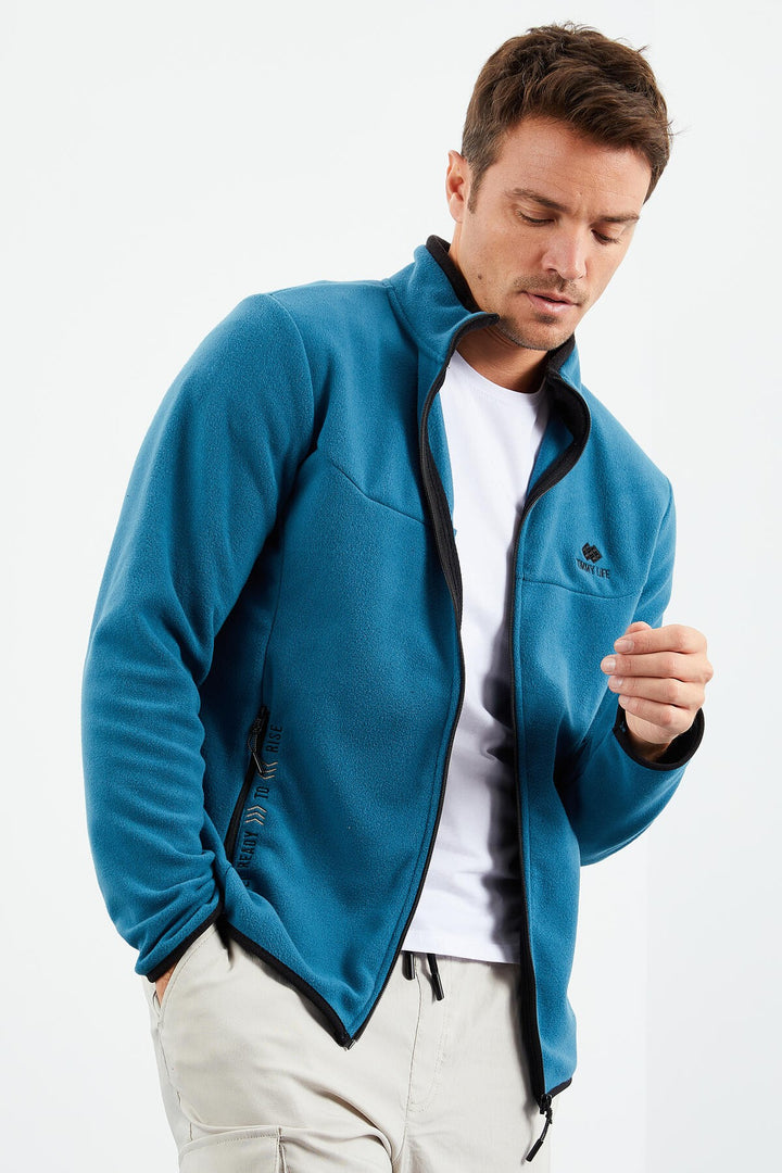 TMY Emerald Green Embroidered Stand-Up Collar Zippered Standard Fit Men's Sweatshirt Polar - 87992 - Eltham
