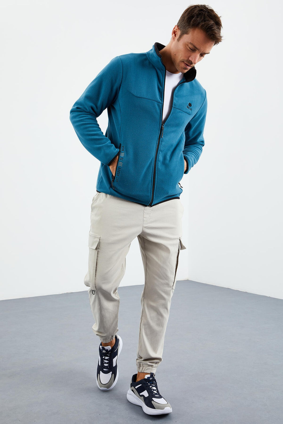TMY Emerald Green Embroidered Stand-Up Collar Zippered Standard Fit Men's Sweatshirt Polar - 87992 - Eltham