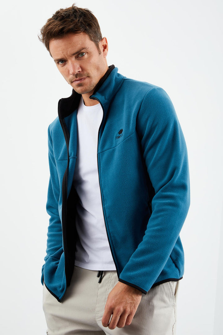 TMY Emerald Green Embroidered Stand-Up Collar Zippered Standard Fit Men's Sweatshirt Polar - 87992 - Eltham