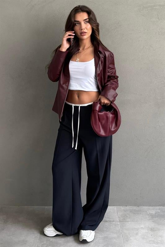 MDX Navy Blue Double Waistband Wide Leg Women's Pants MG2551 - Elizabeth