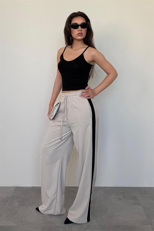 MDX Beige Striped Detailed Wide Leg Women's Trousers MG2441 - Kawartha Lakes