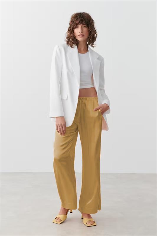 MDX Beige Pleated Satin Wide Leg Women's Pants MG2019 - Pharr