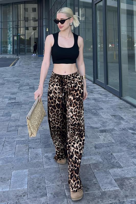 MDX Brown Adjustable Waist Leopard Print Wide Leg Pants MG2095 - Mount Prospect