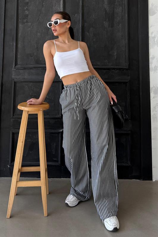 MDX Black High Waisted Striped Pocket Wide Leg Women's Pants Mg2312 - Zamora