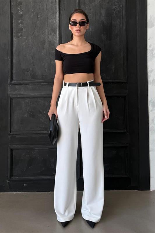 MDX White Double Pleated Belted Trousers Mg2330 - Alfortville