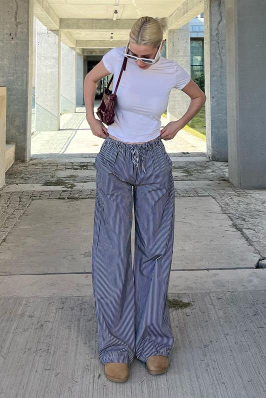 MDX Black High Waisted Adjustable Wide Leg Striped Trousers MG2087 - Gravesend