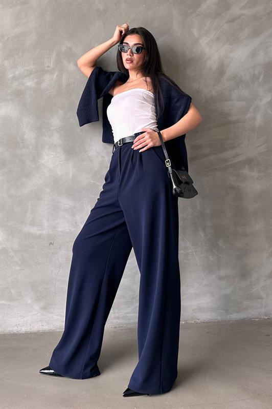 MDX Navy Blue Double Pleated Belted Trousers Mg2330 - Friedrichshafen