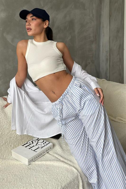 MDX Blue Adjustable Striped Pocketed Wide Leg Women's Pants Mg2312 - Viladecáns