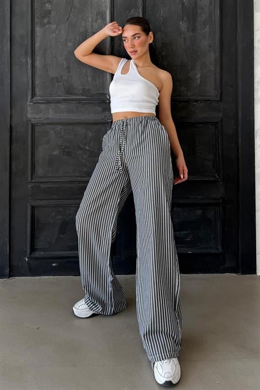 MDX Black High Waisted Striped Pocket Wide Leg Women's Pants Mg2312 - Zamora