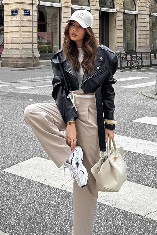 MDX Bej Çift Bel Bantlı Wide Leg Kadın Pantolon MG2551 - Deventer