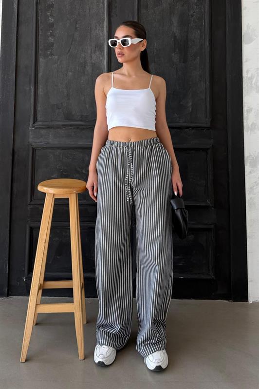MDX Black High Waisted Striped Pocket Wide Leg Women's Pants Mg2312 - Zamora