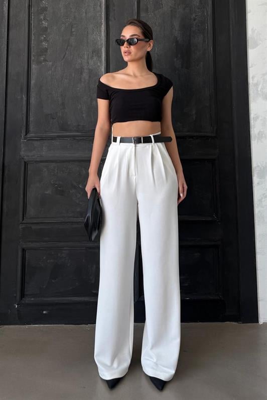 MDX White Double Pleated Belted Trousers Mg2330 - Alfortville