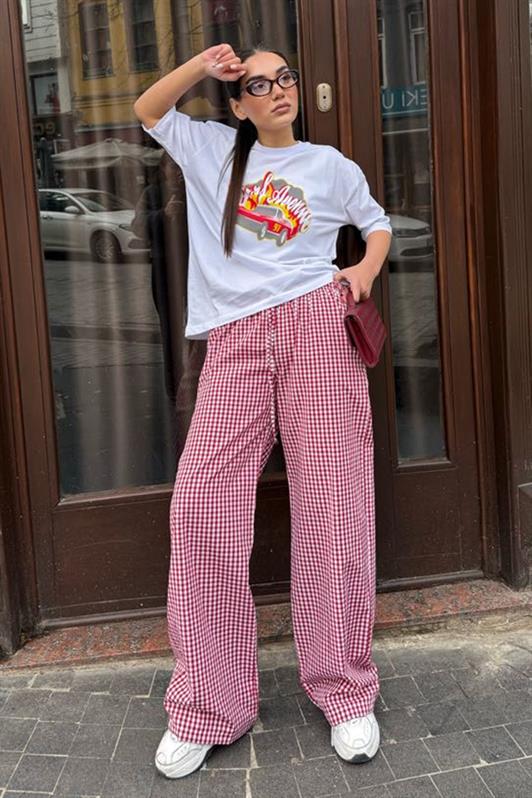 MDX Burgundy High Waist Adjustable Plaid Wide Leg Women's Pants Mg2335 - Harlingen