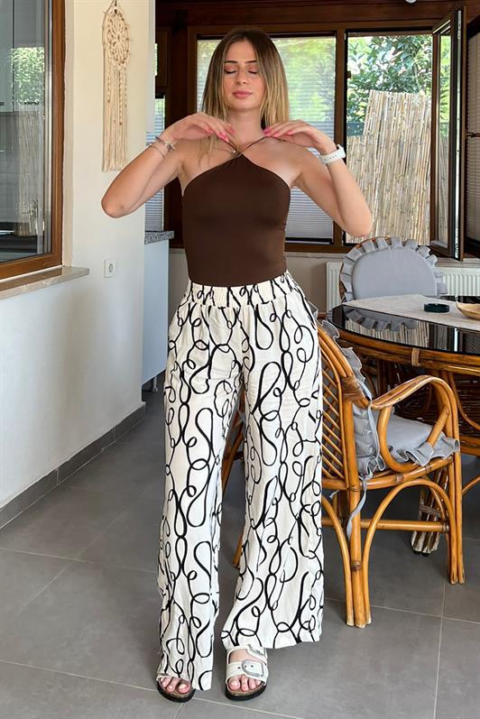 MDX Ecru Patterned High Waist Elastic Wide Leg Pants MG2051 - Sabadell