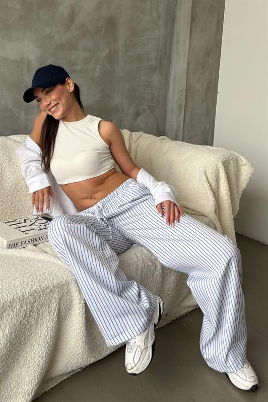 MDX Blue Adjustable Striped Pocketed Wide Leg Women's Pants Mg2312 - Viladecáns