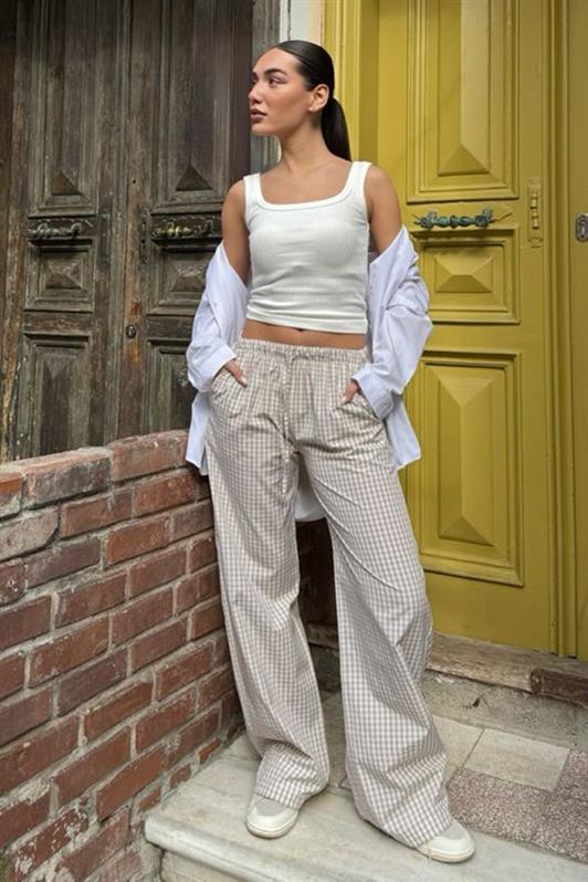 MDX Beige Adjustable Checkered Wide Leg Women's Pants Mg2335 - Makiivka
