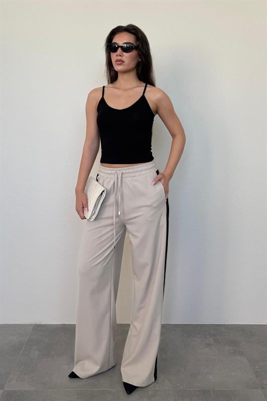 MDX Beige Striped Detailed Wide Leg Women's Trousers MG2441 - Kawartha Lakes
