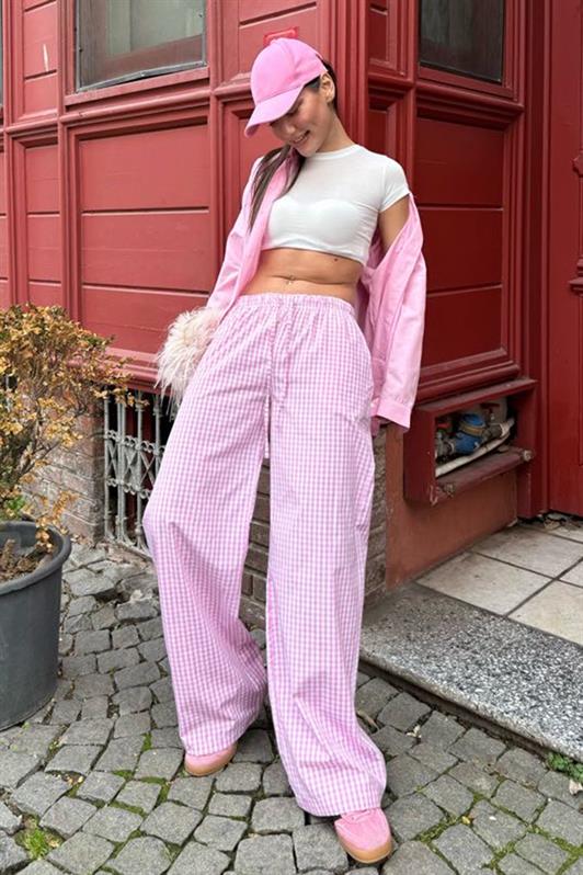 MDX Pink Adjustable Checkered Wide Leg Women's Pants Mg2335 - Kerkrade