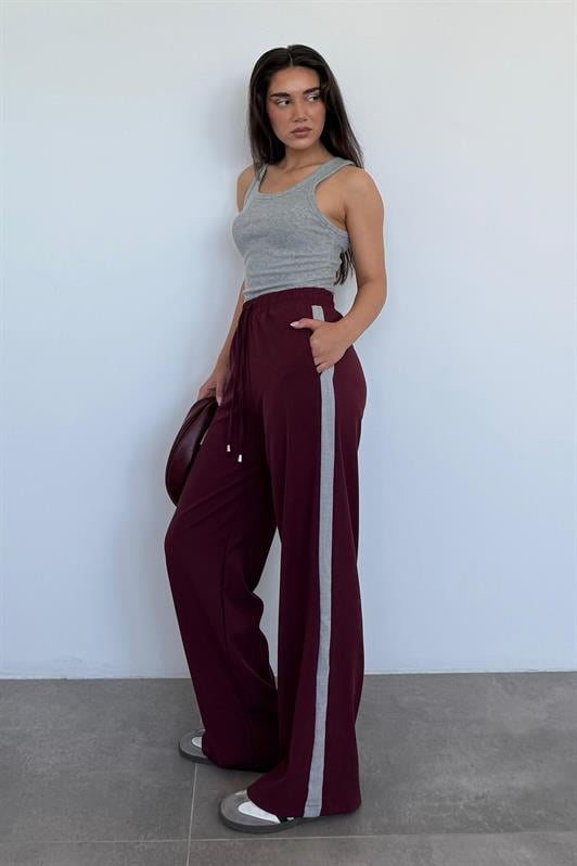 MDX Burgundy Striped Detailed Wide Leg Women's Pants MG2441 - Streatham