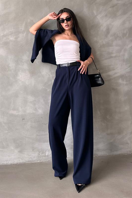 MDX Navy Blue Double Pleated Belted Trousers Mg2330 - Friedrichshafen