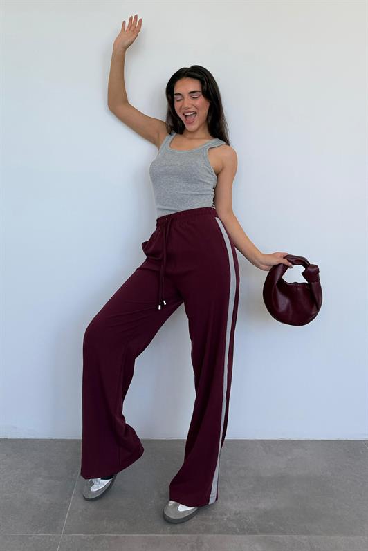 MDX Burgundy Striped Detailed Wide Leg Women's Pants MG2441 - Streatham