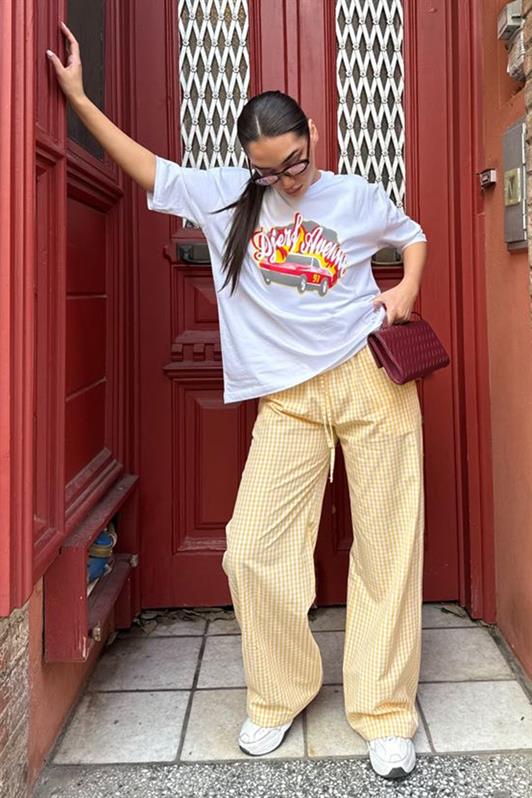 MDX Yellow Adjustable Checkered Wide Leg Women's Pants Mg2335 - Tienen