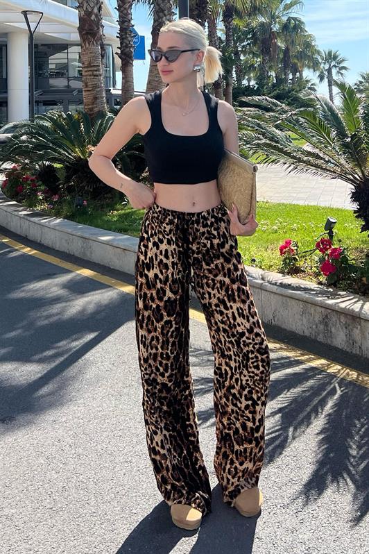 MDX Brown Adjustable Waist Leopard Print Wide Leg Pants MG2095 - Mount Prospect