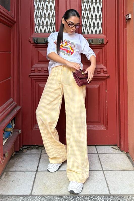 MDX Yellow Adjustable Checkered Wide Leg Women's Pants Mg2335 - Tienen