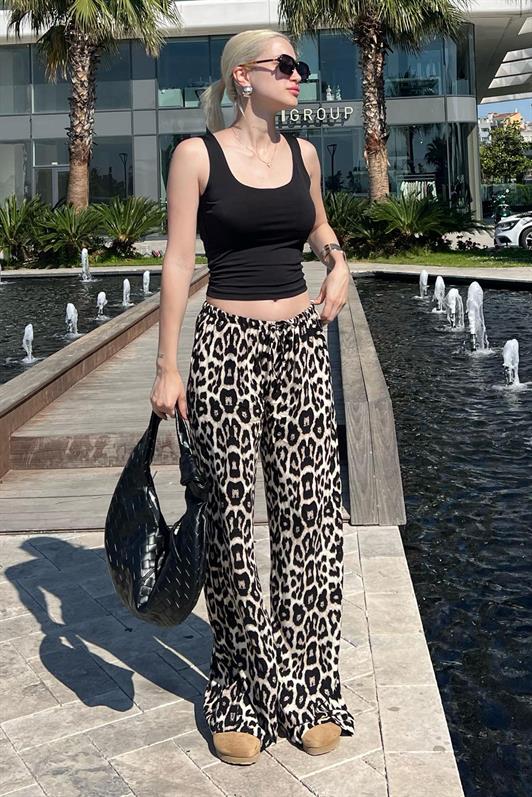 MDX Cream Adjustable Waist Leopard Print Wide Leg Pants MG2095 - Plano