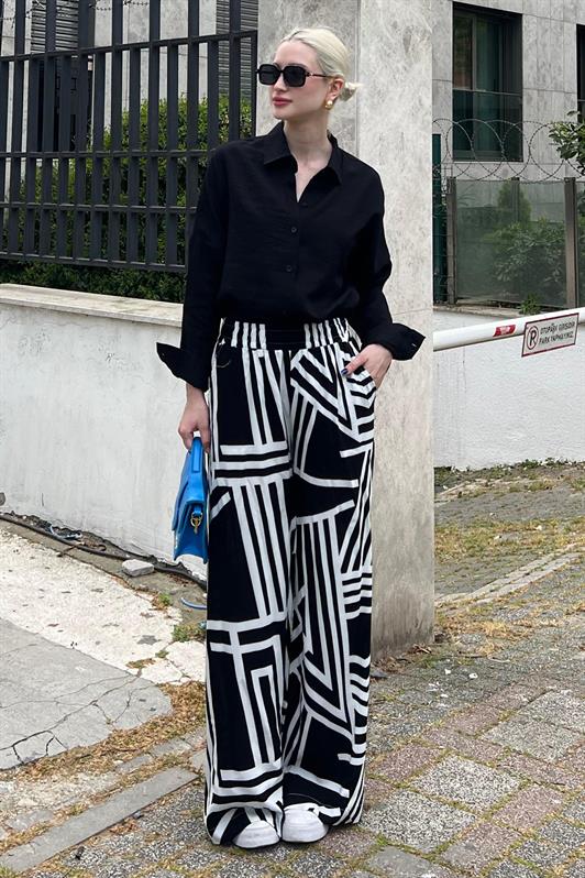 MDX Black Patterned High Waist Elastic Wide Leg Pants MG2051 - Bila Tserkva