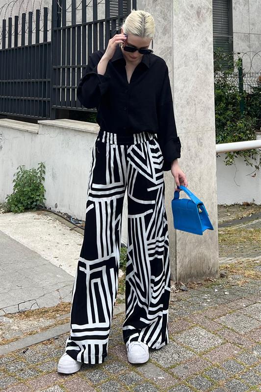 MDX Black Patterned High Waist Elastic Wide Leg Pants MG2051 - Bila Tserkva