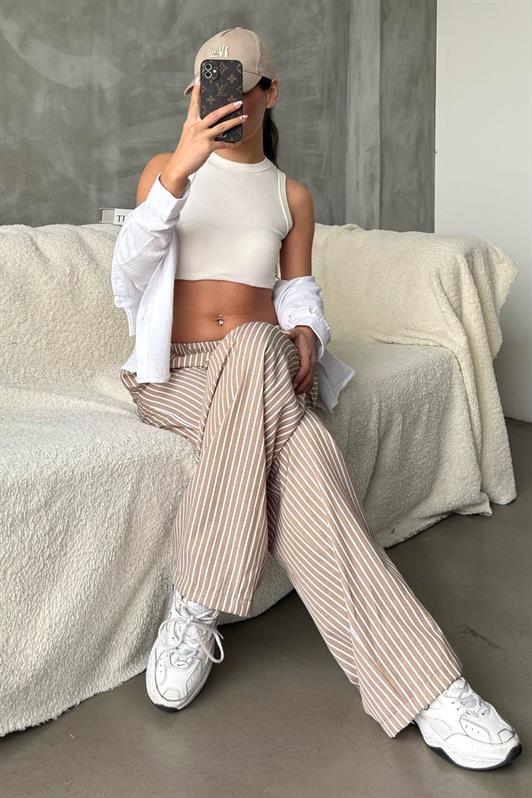 MDX Beige Adjustable Striped Pocketed Wide Leg Women's Pants Mg2312 - Herne Bay
