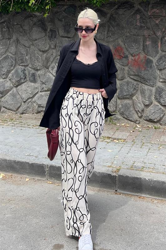 MDX Ecru Patterned High Waist Elastic Wide Leg Pants MG2051 - Sabadell