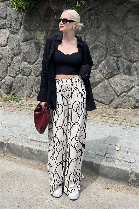 MDX Ecru Patterned High Waist Elastic Wide Leg Pants MG2051 - Sabadell