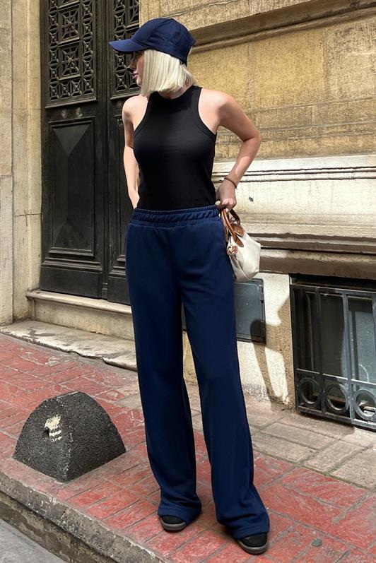 MDX Navy Blue High Waisted Elastic Waist Flared Knit Pants MG2211 - Warren