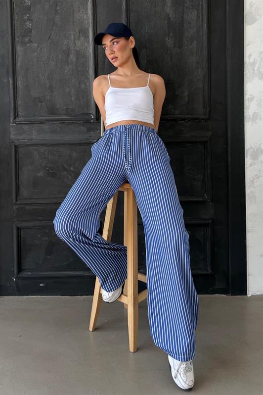 MDX Navy Blue Adjustable Striped Pocketed Wide Leg Women's Pants Mg2312 - Halifax