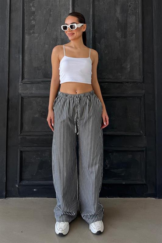 MDX Black High Waisted Striped Pocket Wide Leg Women's Pants Mg2312 - Zamora