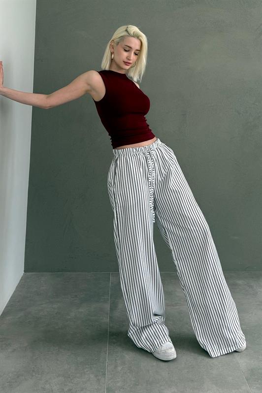 MDX White Adjustable Striped Pocketed Wide Leg Women's Pants Mg2312 - Tudela