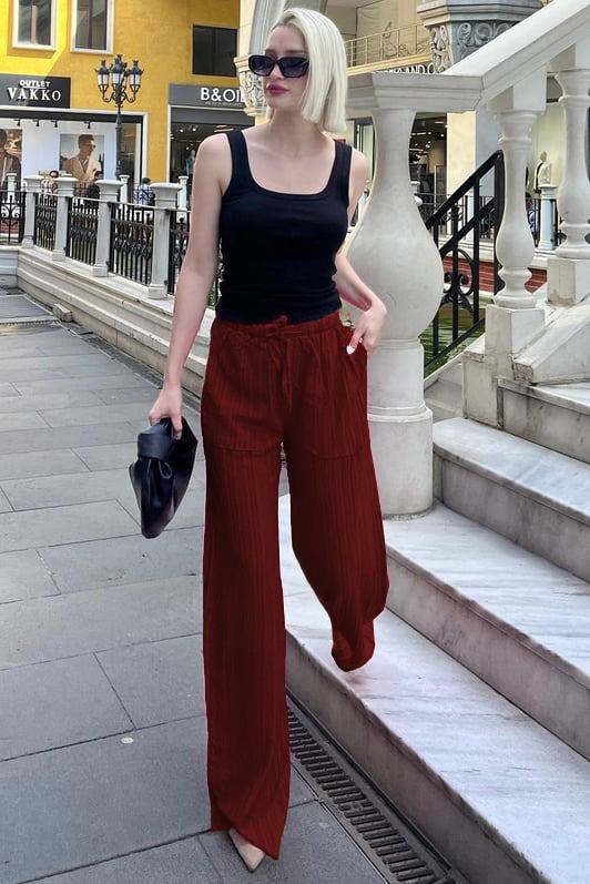 MDX Burgundy Pocketed Wide Leg Women's Pants MG1882 - Albacete