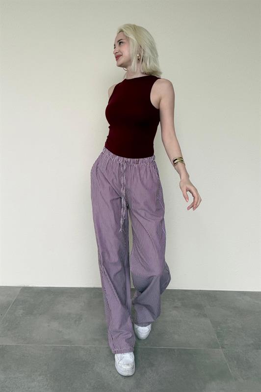 MDX Burgundy High Waist Adjustable Wide Leg Striped Trousers MG2087 - Playas de Rosarito
