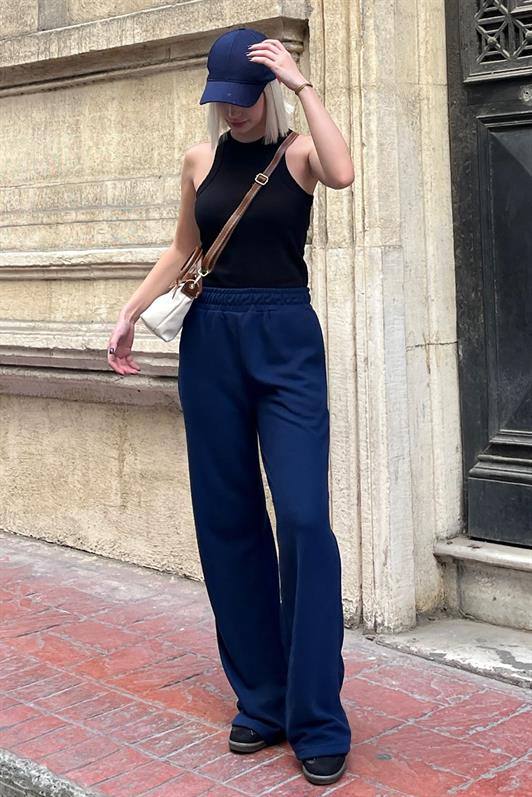 MDX Navy Blue High Waisted Elastic Waist Flared Knit Pants MG2211 - Warren