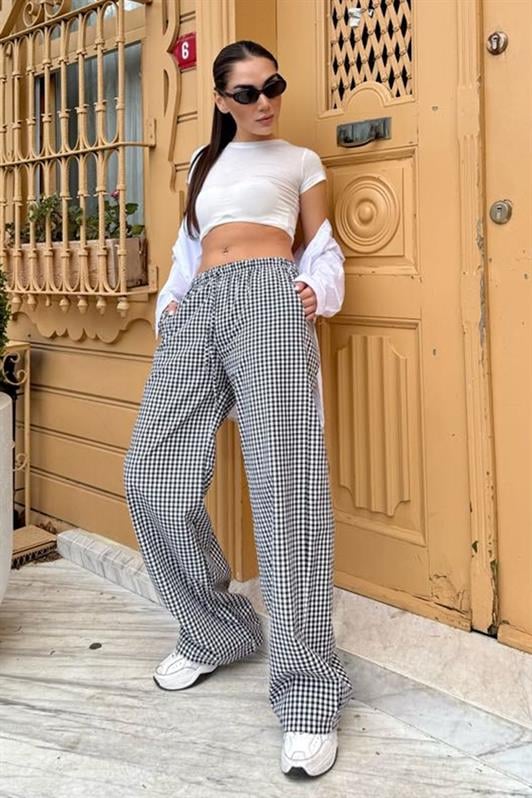 MDX Black High Waisted Adjustable Plaid Wide Leg Women's Pants Mg2335 - Derby