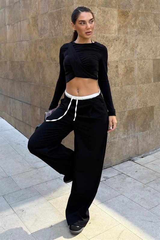 MDX Siyah Çift Bel Bantlı Wide Leg Kadın Pantolon MG2551 - Loveland