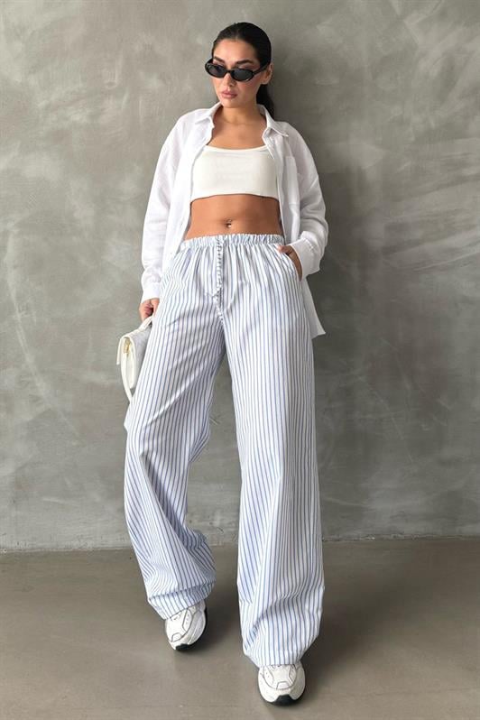 MDX Blue Adjustable Striped Pocketed Wide Leg Women's Pants Mg2312 - Viladecáns