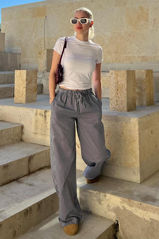 MDX Black High Waisted Adjustable Wide Leg Striped Trousers MG2087 - Gravesend