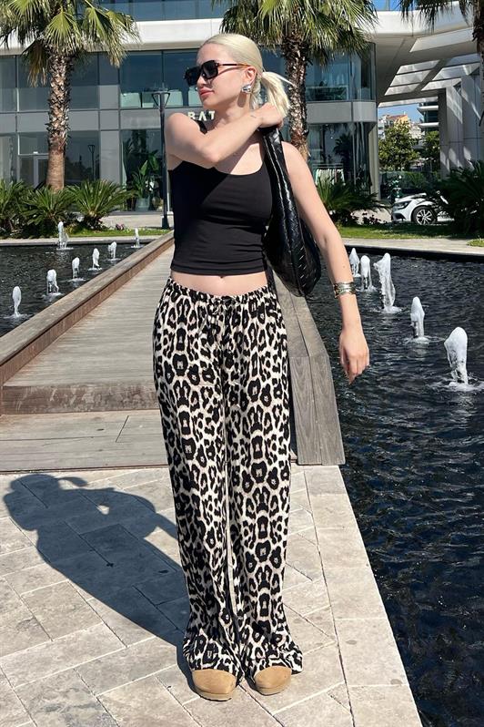 MDX Cream Adjustable Waist Leopard Print Wide Leg Pants MG2095 - Plano