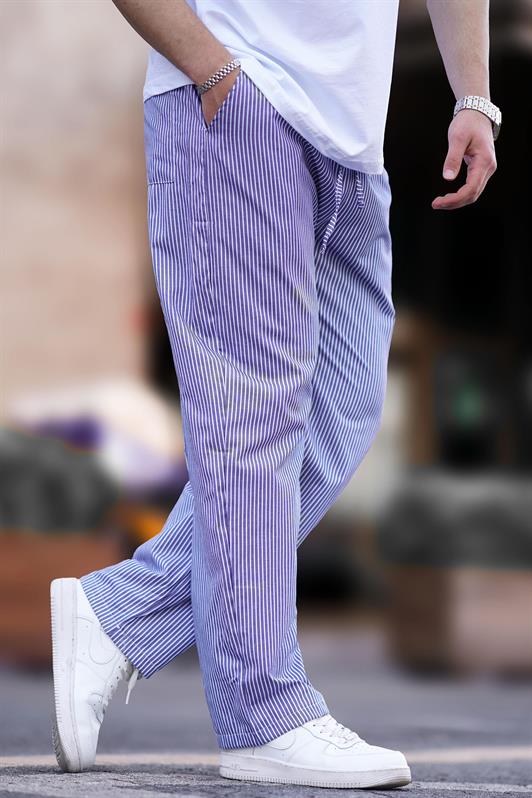 MDX Navy Blue Adjustable High-Waisted Wide Leg Striped Trousers 6541 - Bergen op Zoom