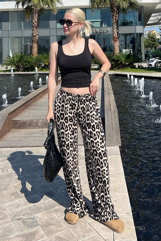 MDX Cream Adjustable Waist Leopard Print Wide Leg Pants MG2095 - Plano